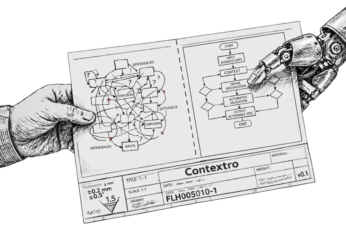 A human hand and a robot hand exchanging a Contextro workflow blueprint