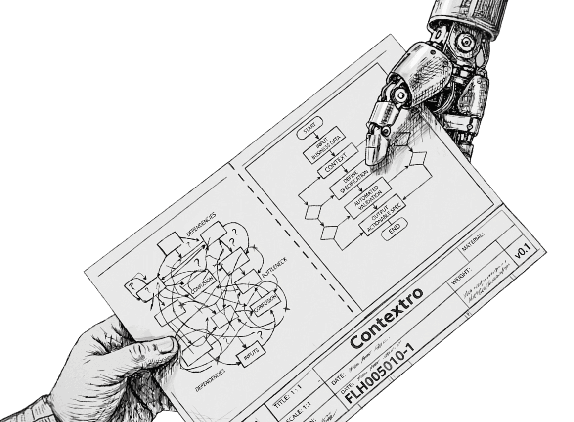 A human hand and a robot hand exchanging a Contextro workflow blueprint